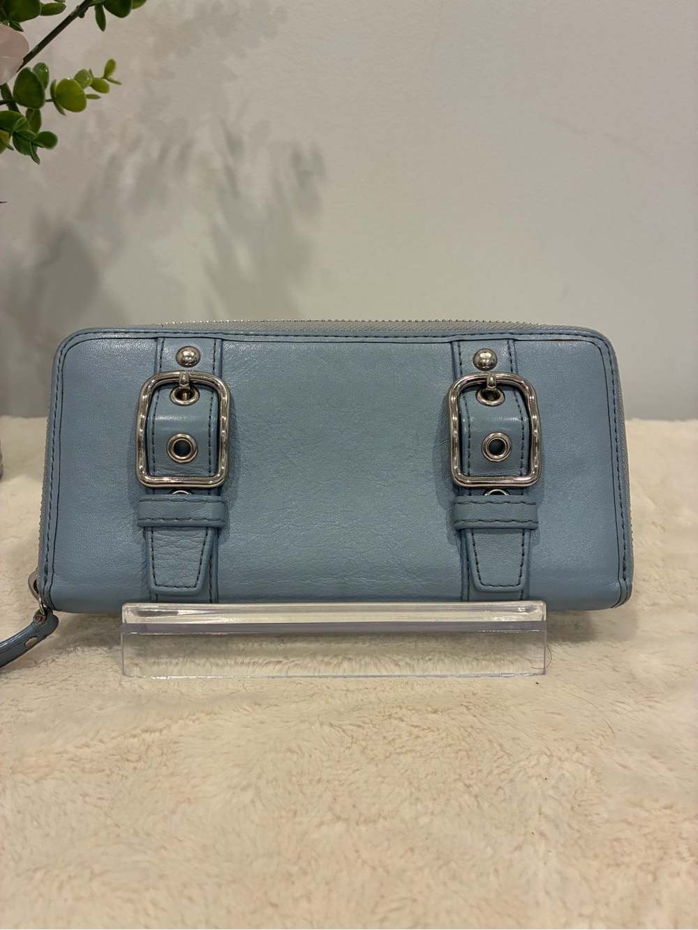 💙 Vintage Coach Soho Zoe Sky Blue Double Buckle Zip-Around Wallet